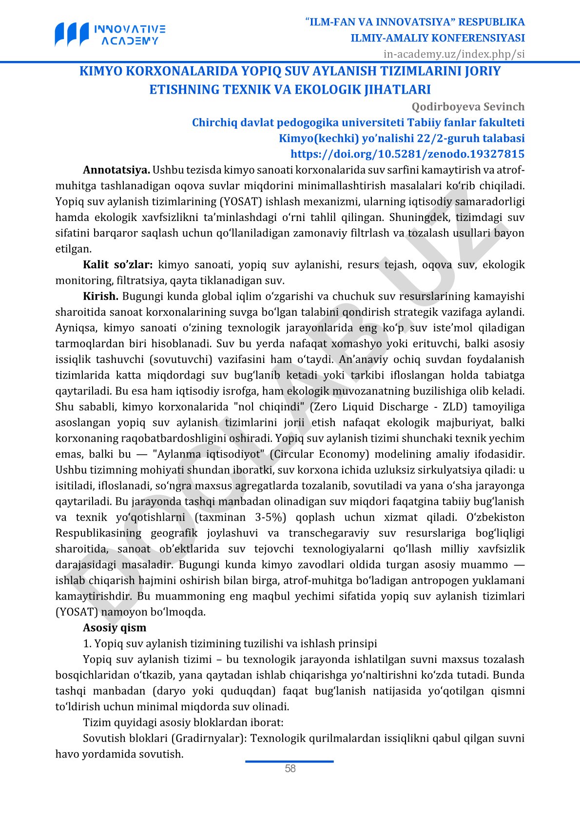 Kimyo korxonalarida yopiq suv aylanish tizimlarini joriy etishning texnik va ekologik jihatlari