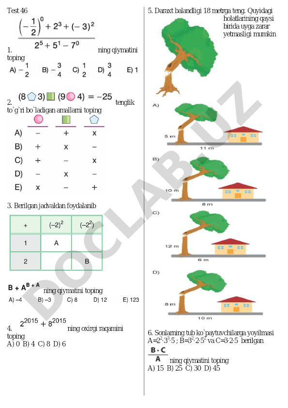 Matematika test savollari va masalalari
