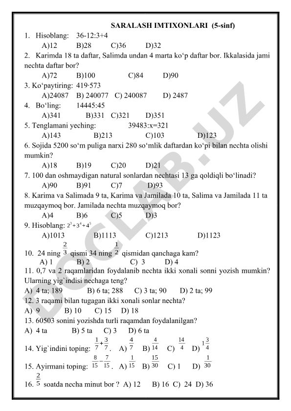 5-sinf matematika saralash imtihonlari