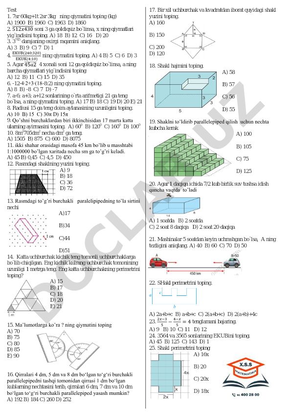 Matematika test savollari to'plami