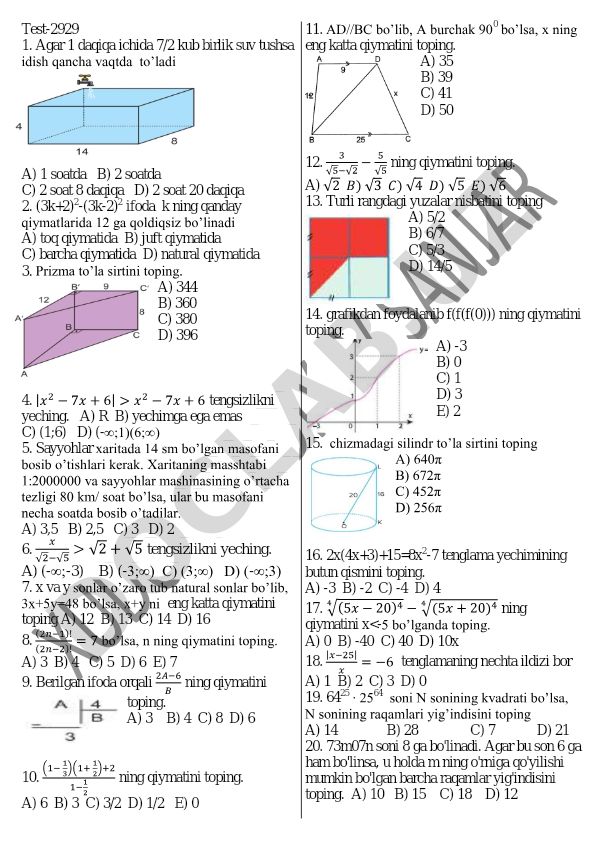 Matematika va geometriya test savollari