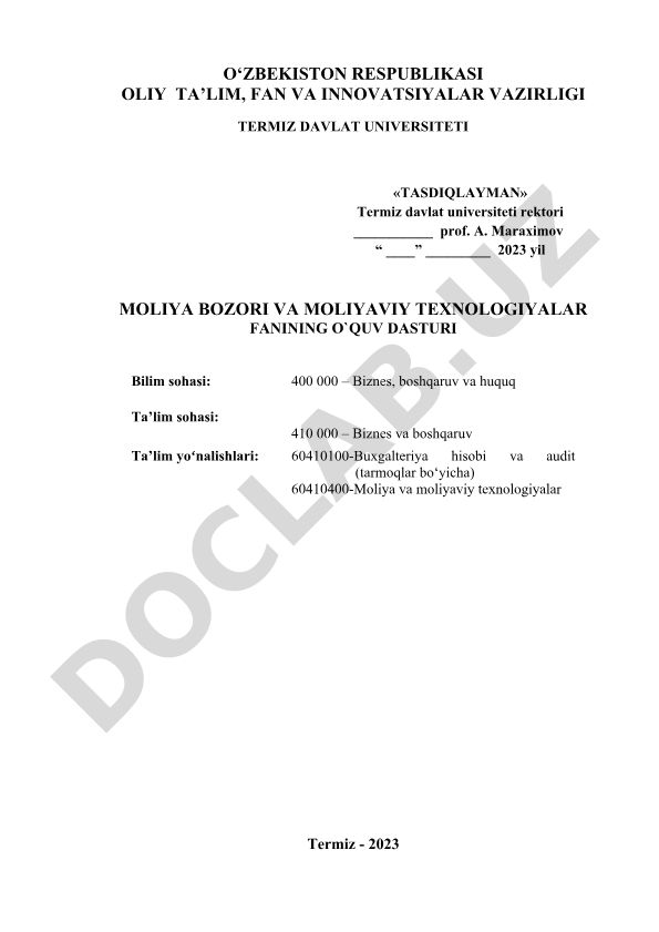 Moliya bozori va moliyaviy texnologiyalari o'quv dasturi