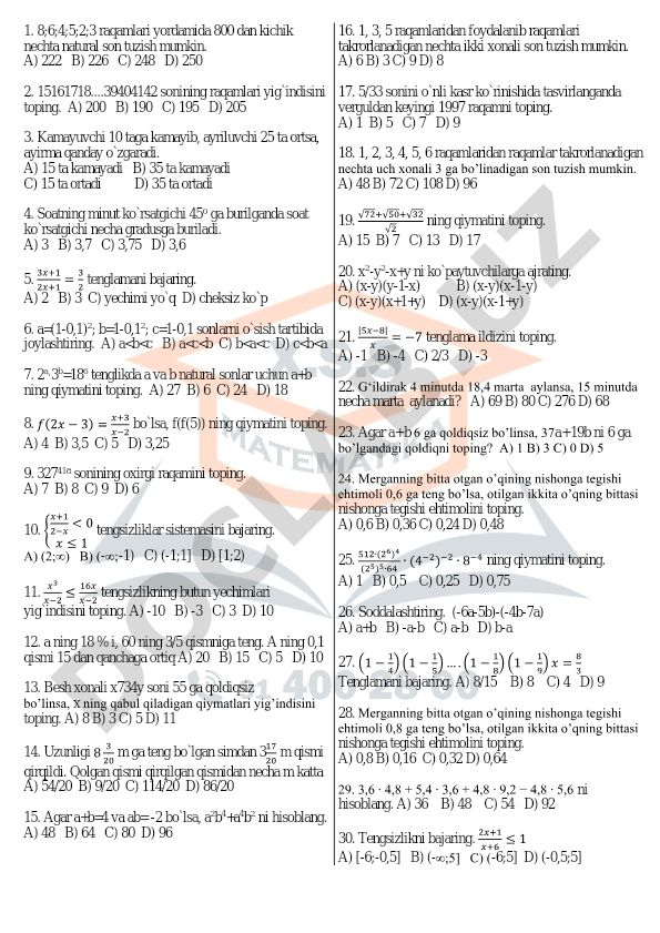 Matematika masalalari to'plami
