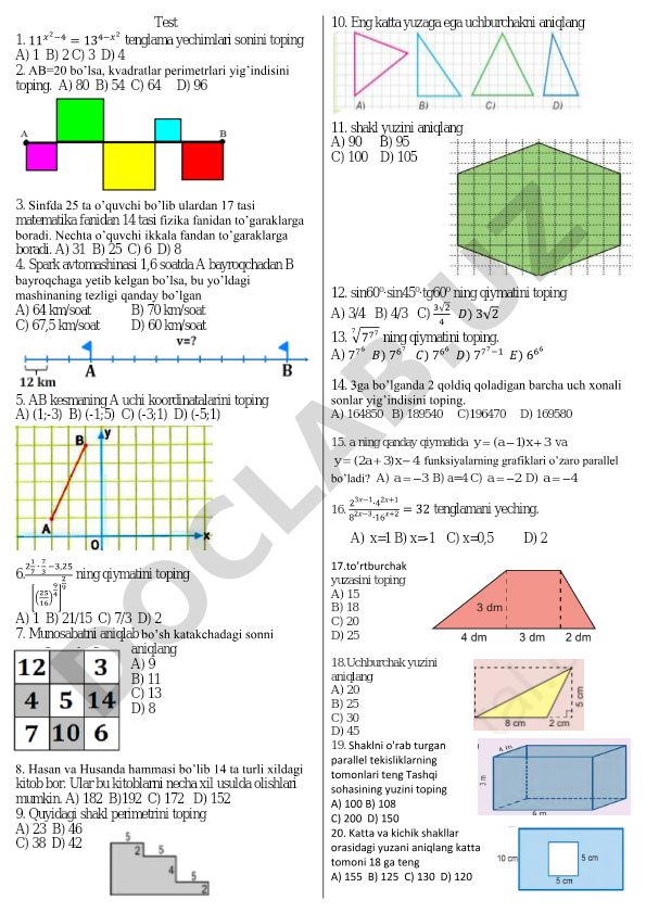 Matematika va geometriya test masalalari