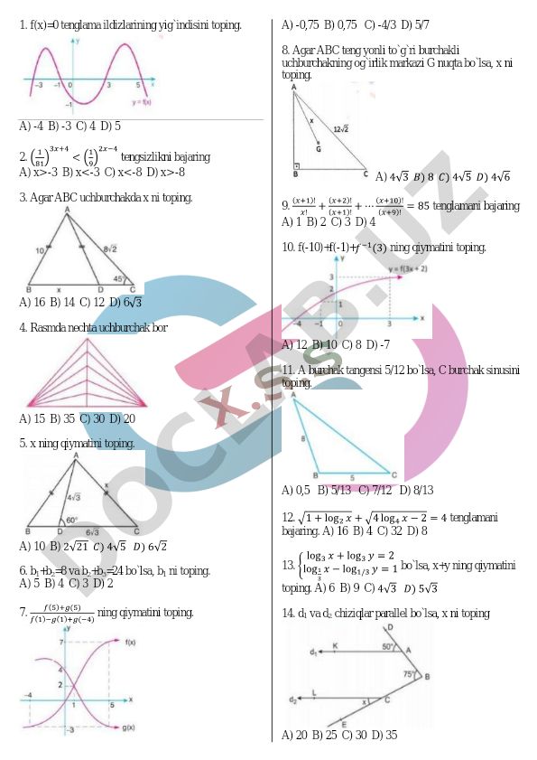 Matematika test savollari va masalalari