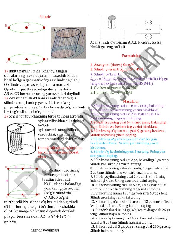 Silindrning geometrik xususiyatlari va formulalari