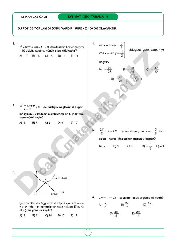 LYS Matematik ve Geometri Tarama Testi - 5