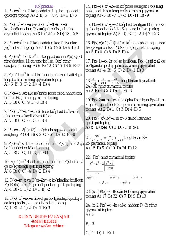 Ko'phadlar bo'yicha matematika test savollari