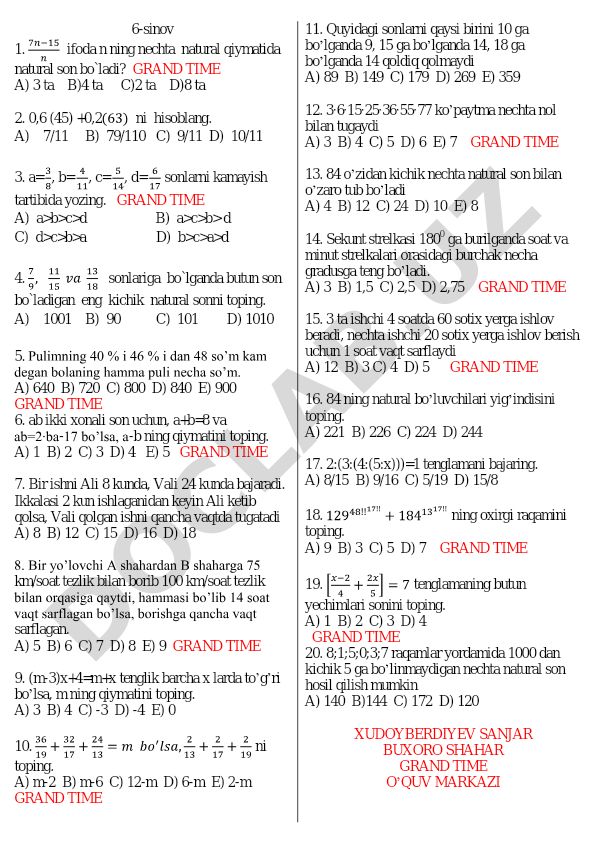 Matematika test savollari va masalalari
