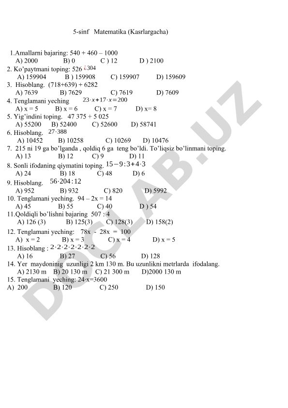 5-sinf Matematika test savollari (Kasrlargacha)