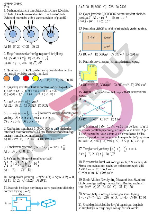Matematika test savollari va masalalari