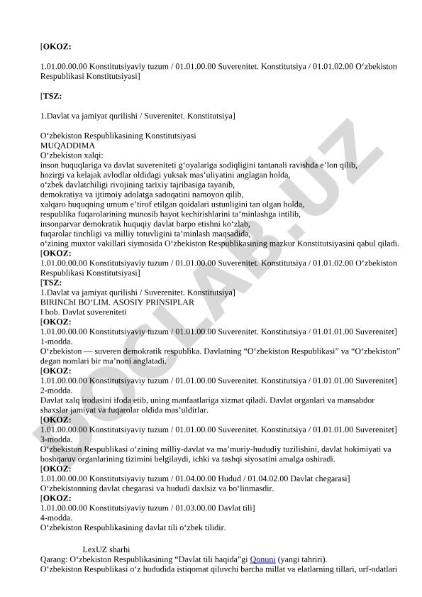 O'zbekiston Respublikasining Konstitutsiyasi