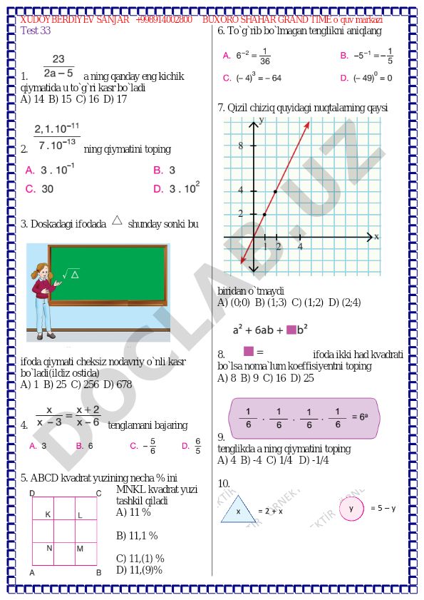 Matematika test savollari va masalalari