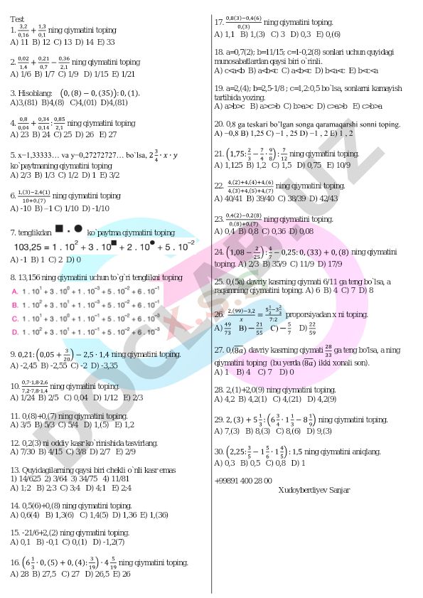 O'nli kasrlar va oddiy kasrlar bo'yicha matematik test