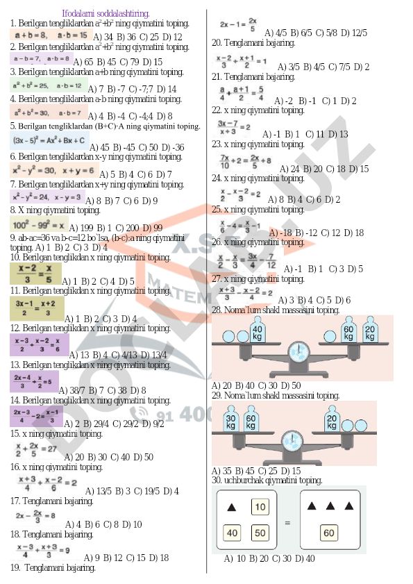 Algebraik ifodalar va tenglamalar yechish testlari