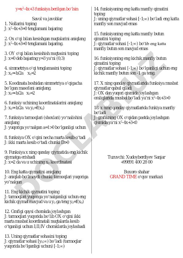 y=x²-4x+3 kvadrat funksiyasining xossalari va grafigi