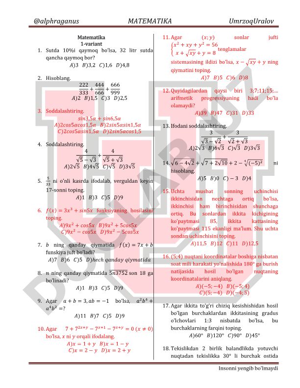 Matematika test savollari va masalalari