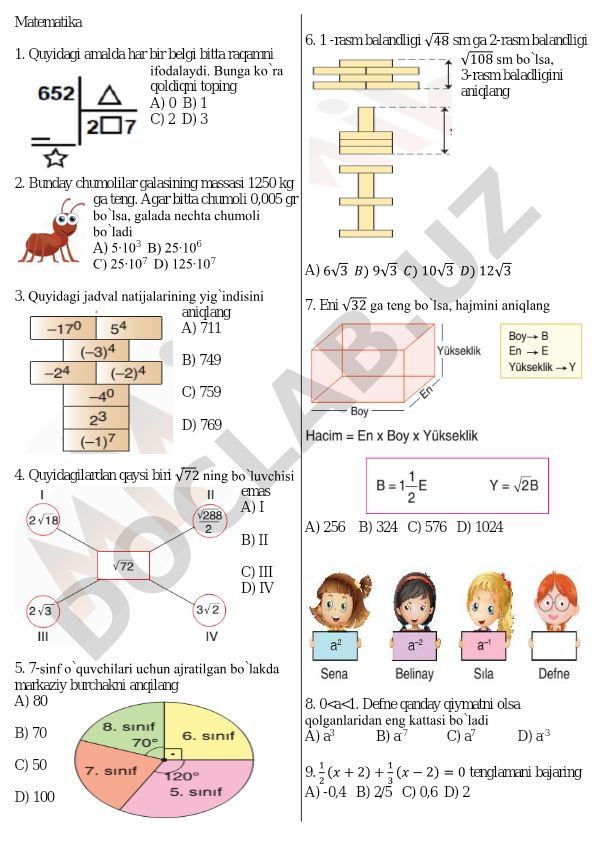 Matematika test savollari va masalalari