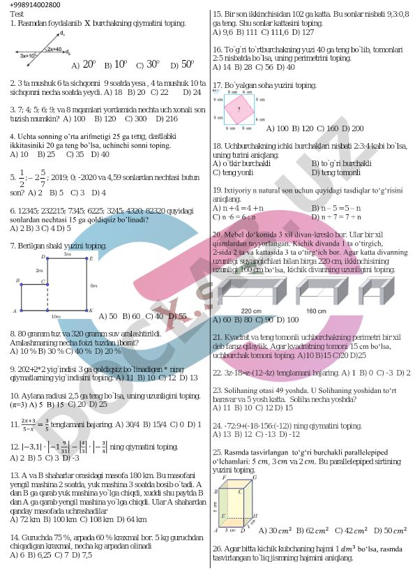 Matematika test savollari va masalalari