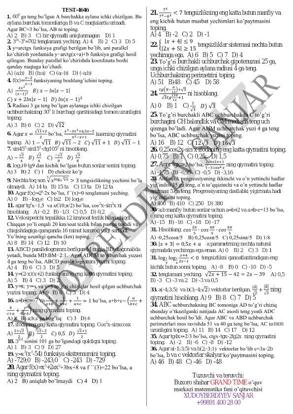 Matematika test savollari to'plami