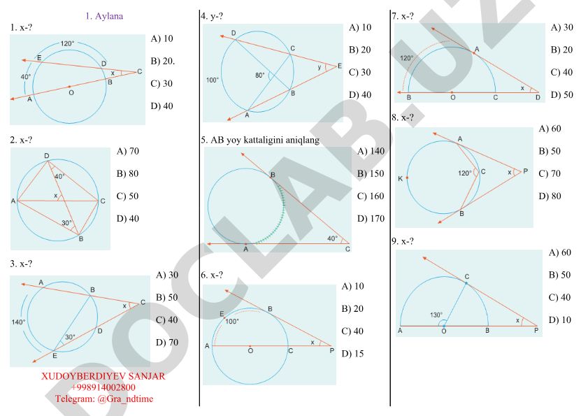 Geometriya test savollari: aylana va burchaklar