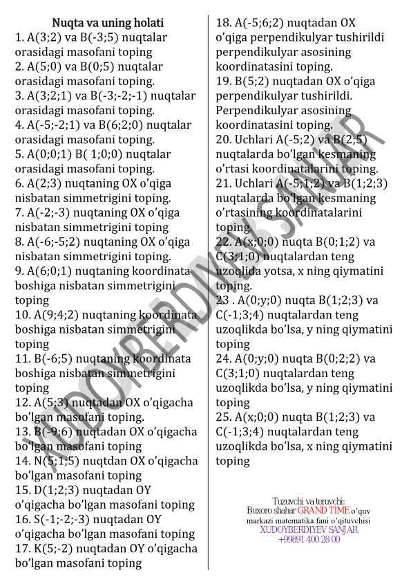 Nuqtalar orasidagi masofa va simmetriya masalalari