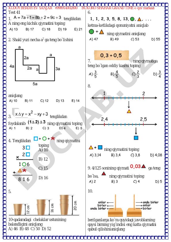 Matematika test savollari va masalalari