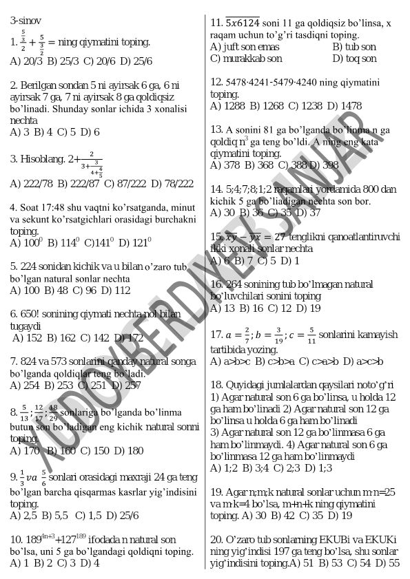 Matematika test savollari va masalalari