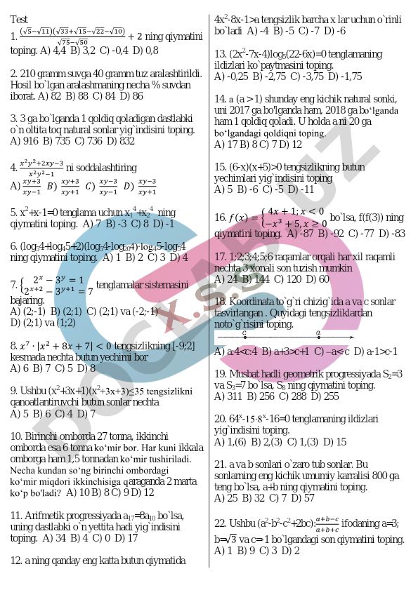 Matematika test savollari va masalalari