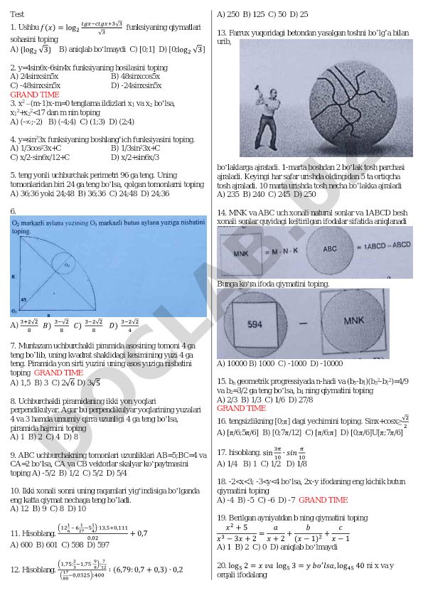 Matematika test savollari va masalalari