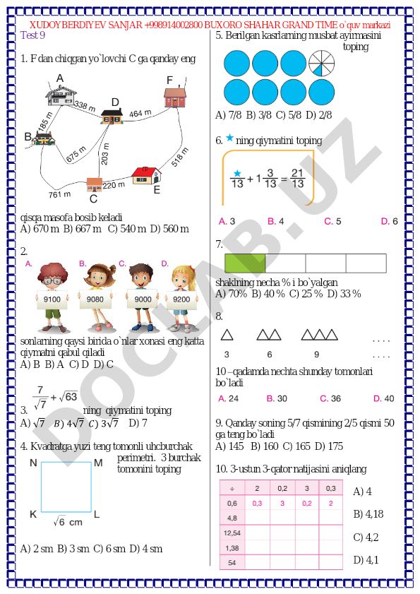 Matematika test savollari va masalalari