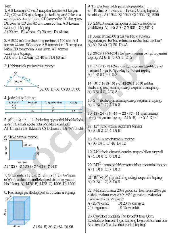 Matematika test savollari va masalalari