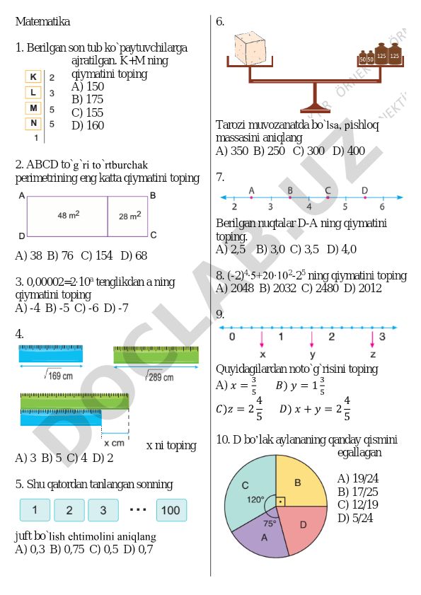 Matematika test savollari va masalalari