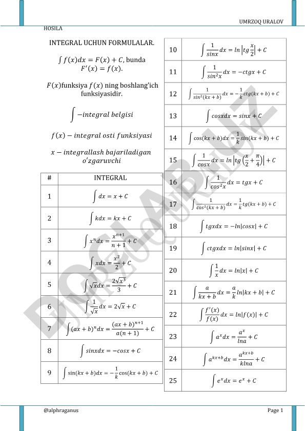 Integral uchun formulalar