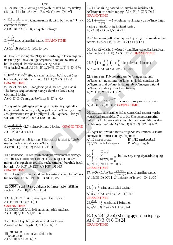 Matematika test savollari va masalalari