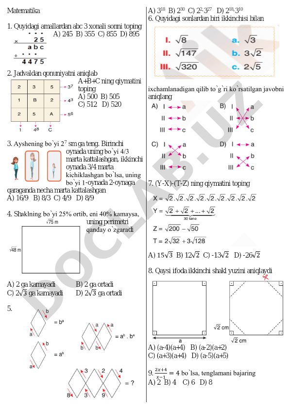 Matematika test savollari va masalalari