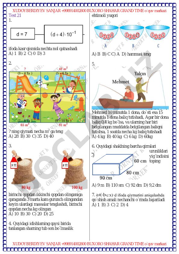 Matematika test savollari va masalalari