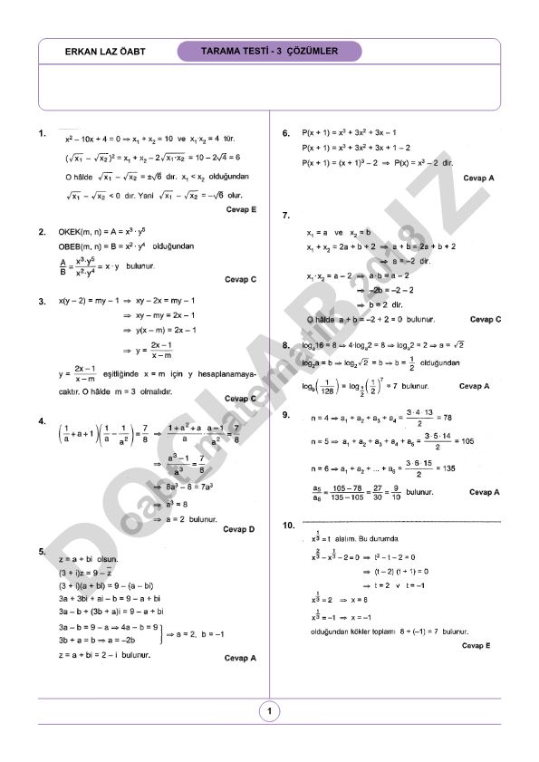 Erkan Laz OABT Matematik Tarama Testi 3 Çözümleri