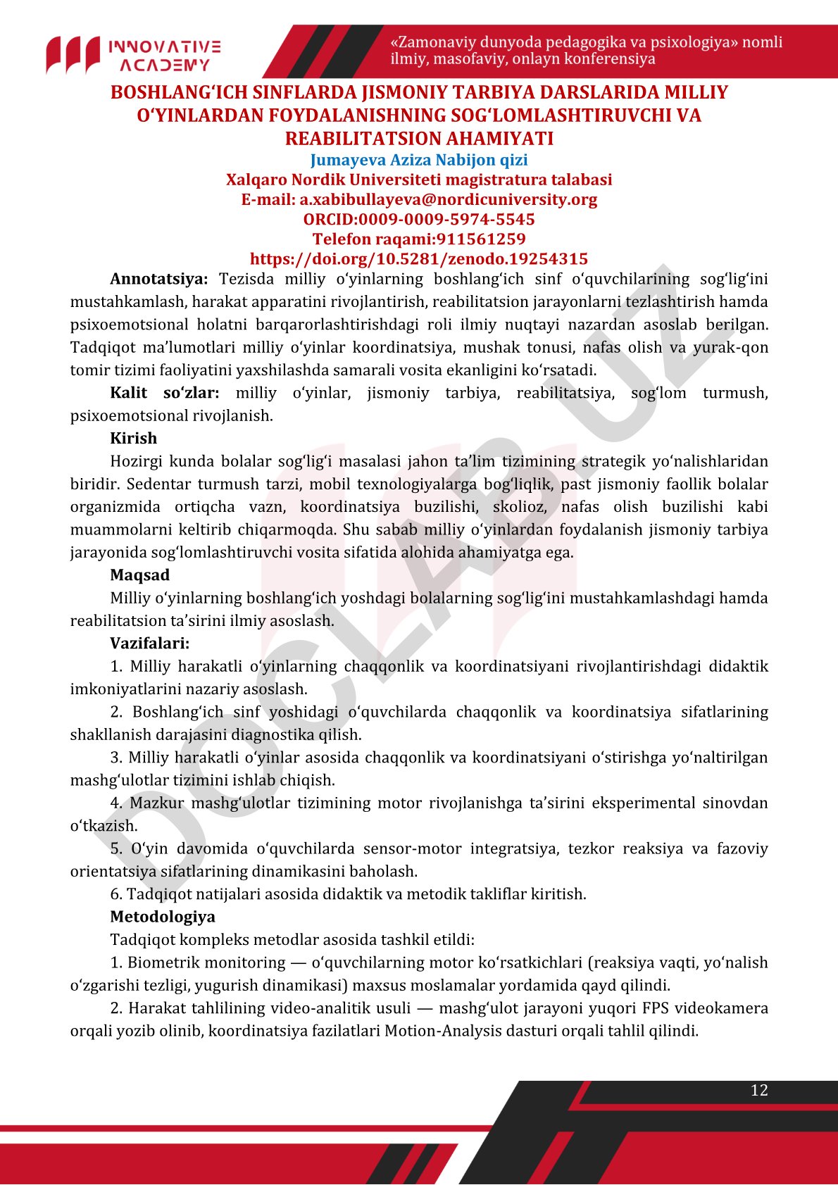Boshlang'ich sinflarda jismoniy tarbiya darslarida milliy o'yinlarning sog'lomlashtiruvchi va reabilitatsion ahamiyati