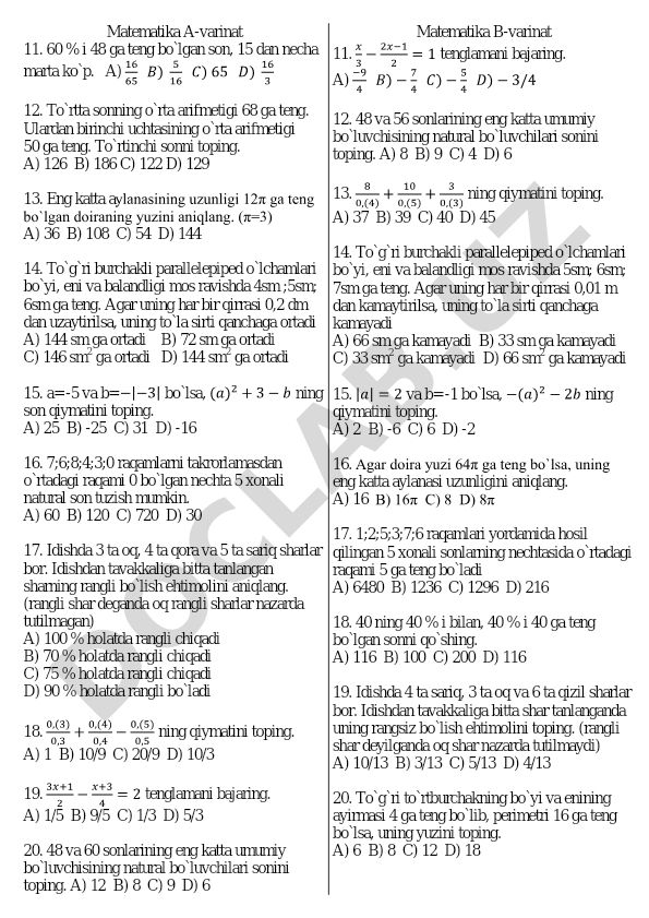 Matematika masalalari to'plami