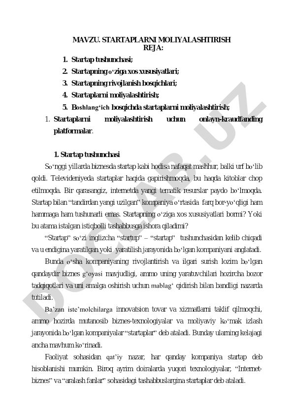 Startaplarni moliyalashtirish reja