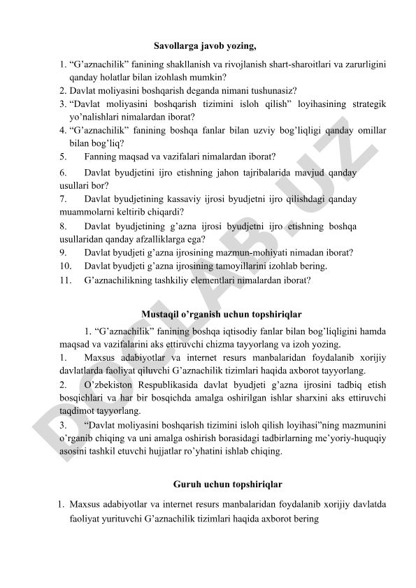 G'aznachilik fanining shakllanishi, rivojlanishi va davlat moliyasini boshqarish