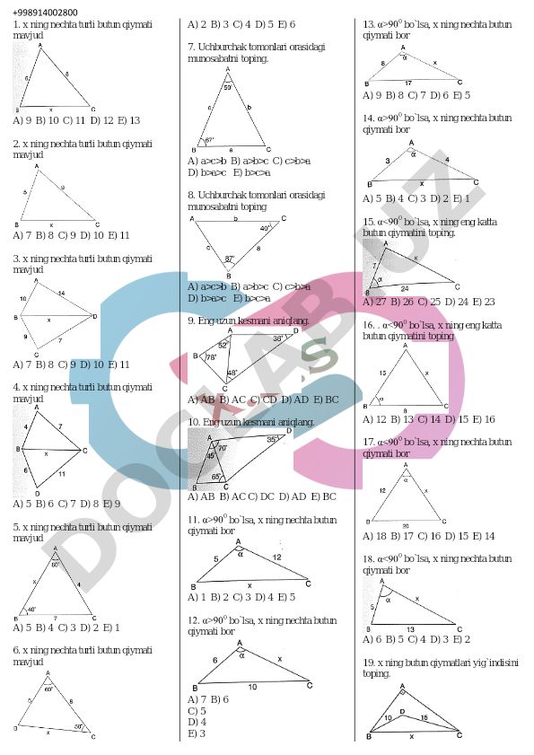 Geometriya va algebra masalalari testi