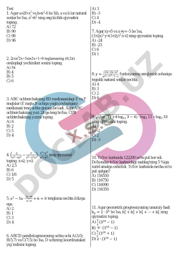 Matematika test savollari to'plami