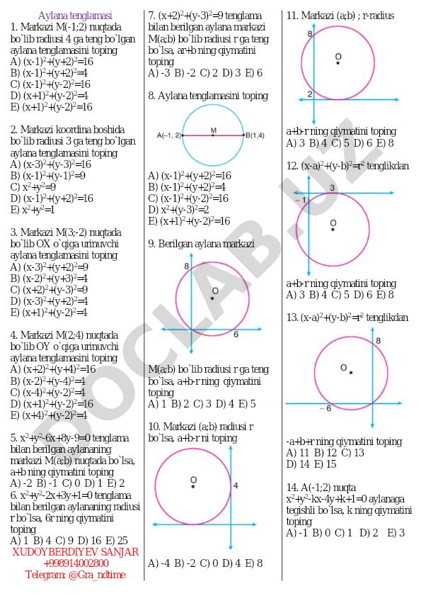 Aylana tenglamalari va geometriya masalalari