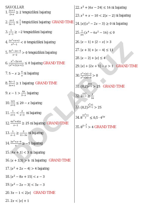 Tengsizliklarni yechish bo'yicha matematik masalalar to'plami