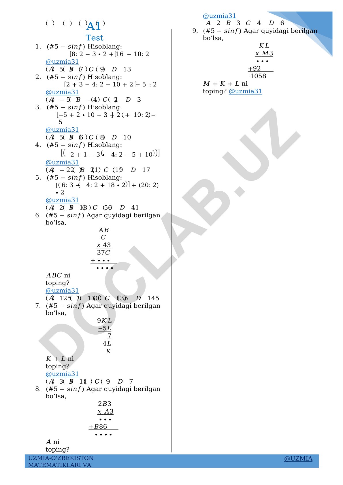 5-sinf matematika test savollari va masalalari