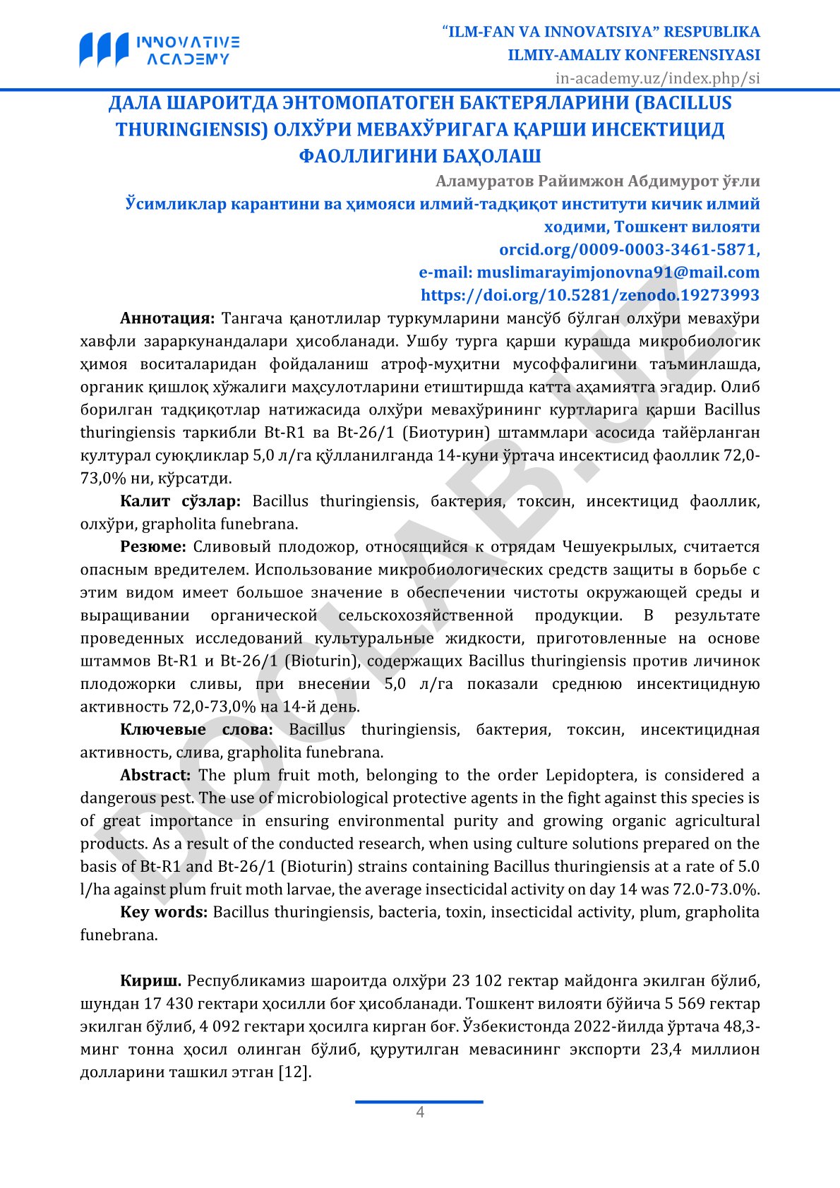 Дала шарoитда энтомопатоген бактерияларини (Bacillus thuringiensis) олхўри мевахўрига қарши инсектицид фаоллигини баҳолаш