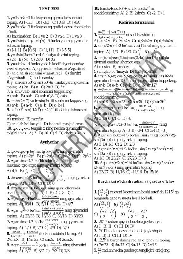Trigonometrik funksiyalar va tenglamalar test savollari