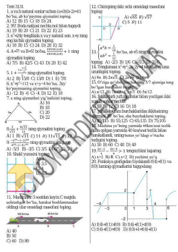 Matematika test savollari to'plami